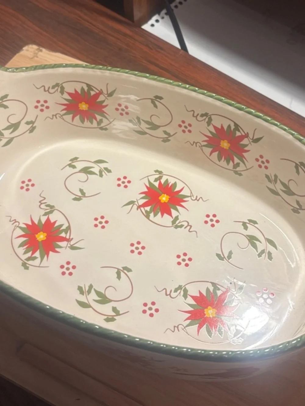 Temp-Tations Cream Ceramic Baking Casserole with Red Floral Design